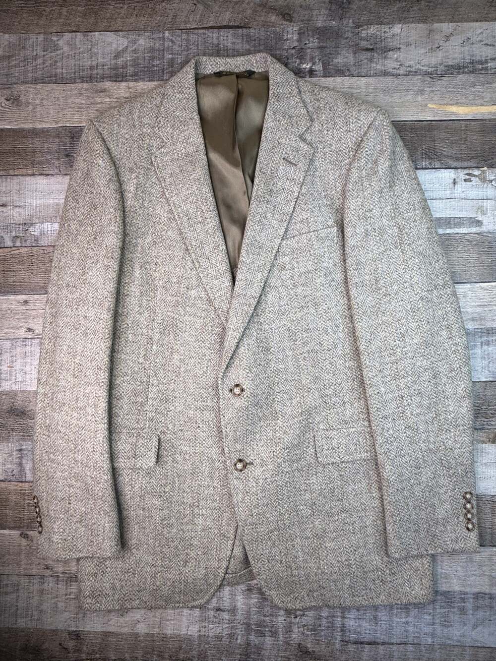 Vintage Harris Tweed Sport Coat Beige Mens 44L Scottish Wool Herringbone USA 80s